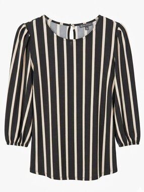 Adrianna Papell Striped 3/4 Balloon Sleeve Blouse - Black & Beige - Size M